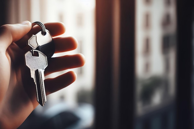 人間の手で鍵を握る 不動産エージェントが家の鍵を手に渡す 鍵のクローズアップビュー 不動産の購入または融資コンセプト