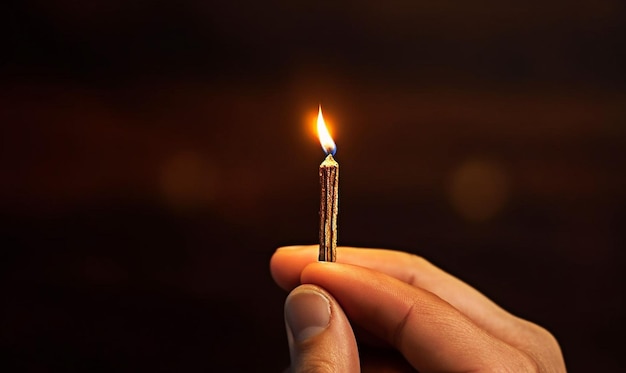 Human hand holding a lit wooden match as a symbol of enlightenment generative ai