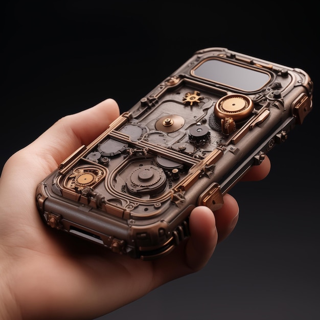 Human hand holding old mobile phone in steam punk style Generative AI