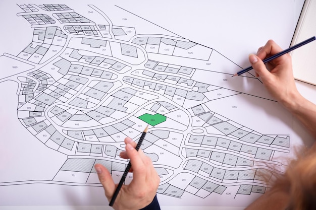 Human Hand Holding Pencil Over Cadastre Map