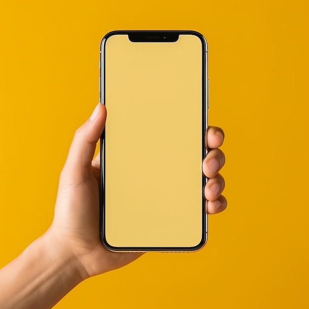 Human hand holding a phone on yellow background generative ai