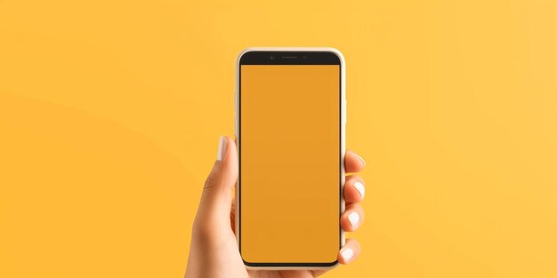 Human hand holding a phone on yellow background generative ai