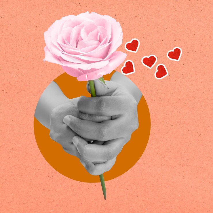 Photo a human hand holding a pink rose flower with red hearts on a colored background concept of valentine day collage art