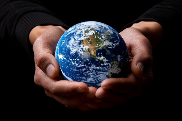 human hand holding the planet earth black background