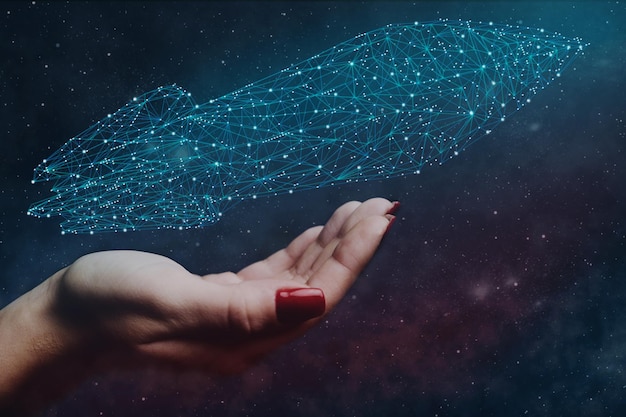 Human hand holding Rocket low poly Nebula dust Mixed media