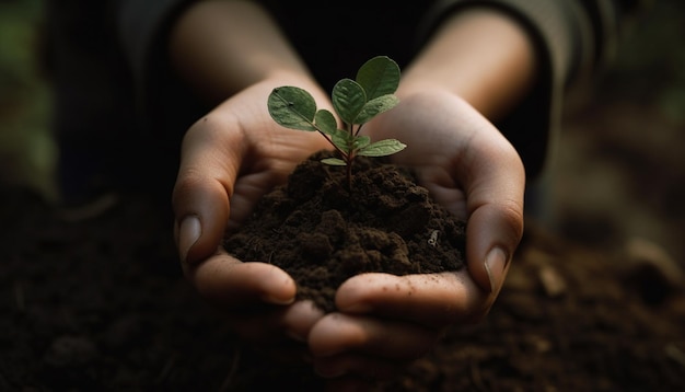 Human hand holding a seedling symbolizing new life and growth generated by artificial intelligence