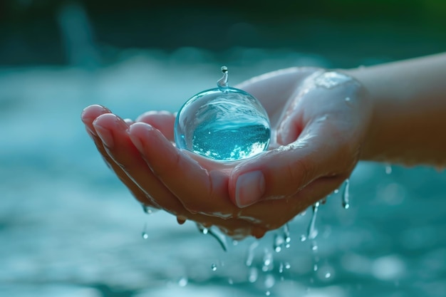 Human hand holding water drop World Water Day World Water Day