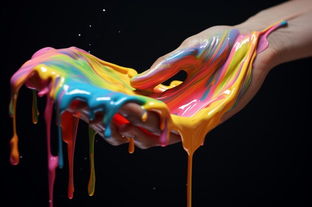 Human hand holding wet rainbow paint representing fun chaos