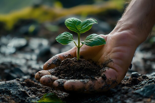 人の手が肥沃な土で若い植物を握る 成長と生態学を象徴する