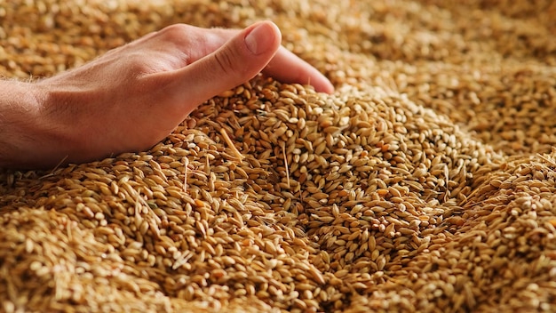 Photo a human hand holds a handful of grain on a wheat background