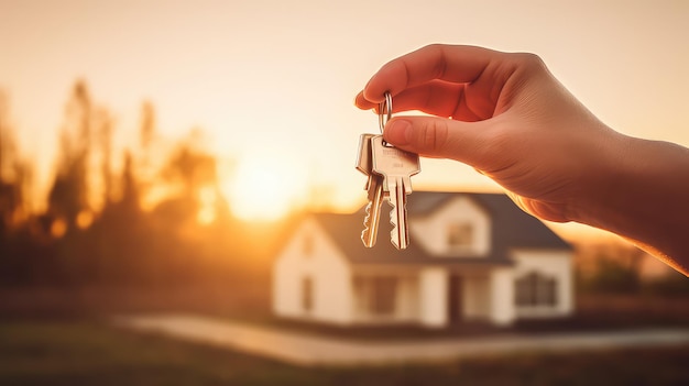 Human hand holds the key from new house with house background Moving to new house