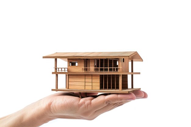 Human hand holds a miniature house or home model new house property insurance
