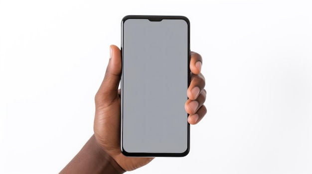 human hand holds a phone with a blank screen created with generative ai technology