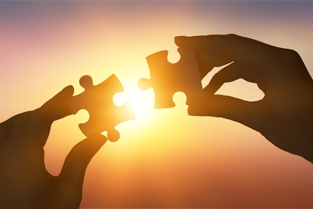 Human hand holds puzzle on sunset background