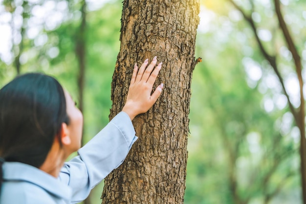 Foto mano umana abbracciare e toccare l'albero nella foresta le persone proteggono dalla deforestazione e dall'inquinamento o dai cambiamenti climatici concetto per amare la natura e l'ecologia dell'ambiente degli alberi e il concetto della giornata della terra