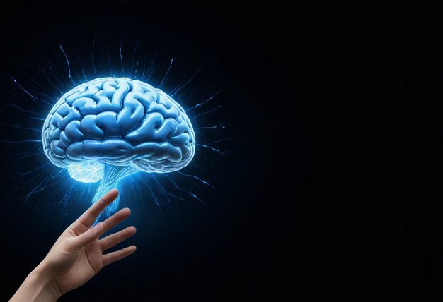 a human hand is reaching out to the brain with a blue light