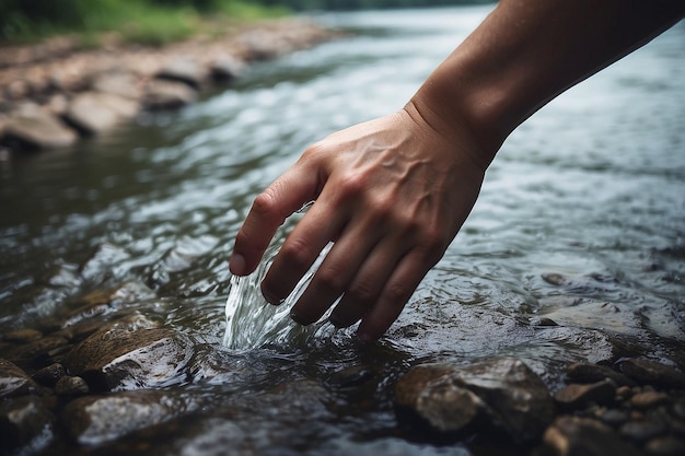 人間の手が川の水に触れている