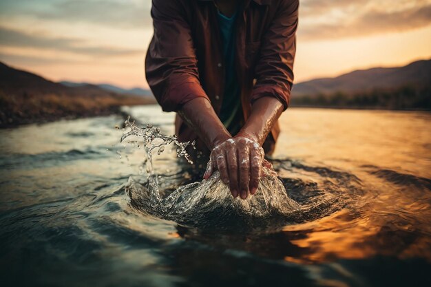 Foto la mano umana sta toccando l'acqua durante la crisi idrica del fiume