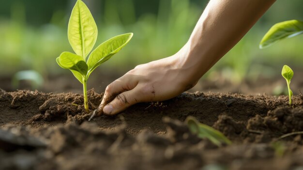 Human hand planting tree seedling on fertile soil with green nature background