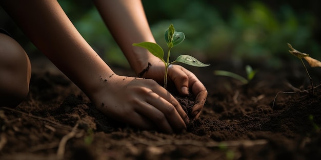 Human hand planting a tree World environment day concept Generative AI