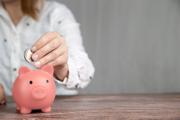 Human Hand Putting Coin In pink Piggy Bank