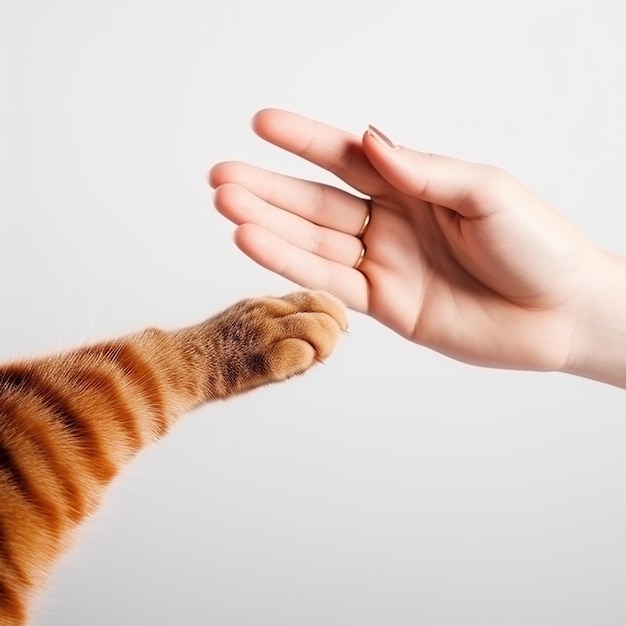 Photo a human hand and a red cat's paw stretch towards each other closeup on a white background