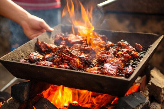 Human hand roasting meat in barbecue grill