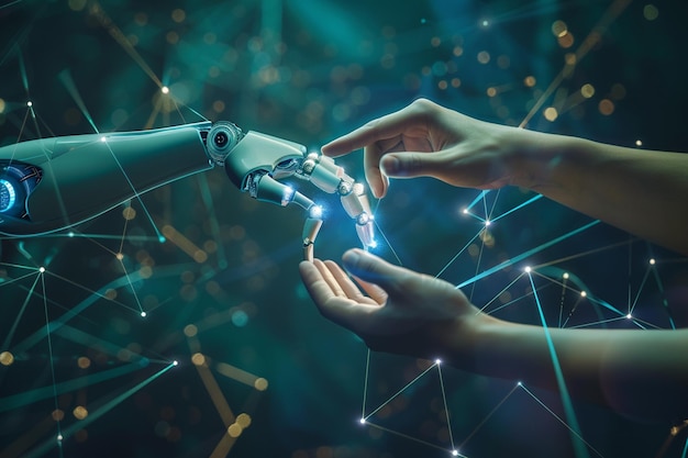 Photo human hand and robot ai hand connection each other