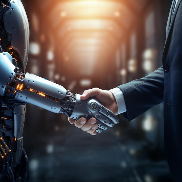 human hand and robot hand shake hands