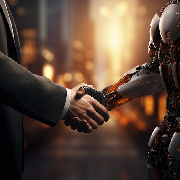 Photo human hand and robot hand shake hands