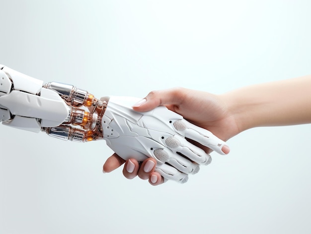 Human hand shaking with robot interacting with AI or artificial intelligence