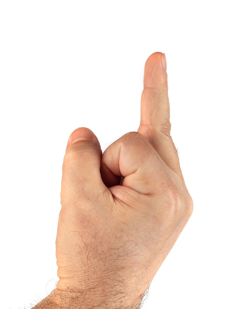Foto mano umana mostra il dito medio su bianco