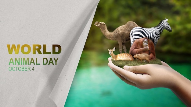 Photo human hand showing animals in the wildlife world animal day concept