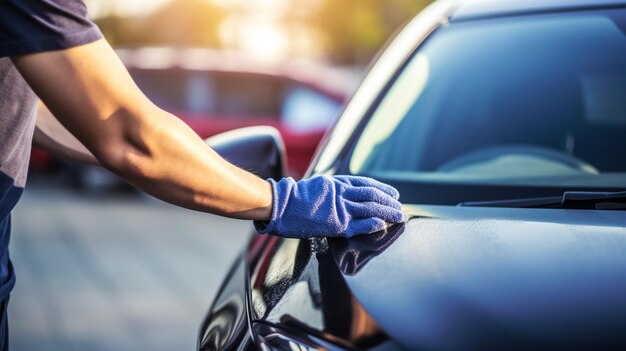 Photo human hand showing clean up and wash the car