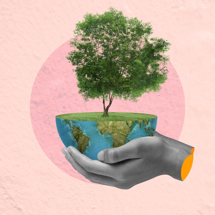 Photo a human hand showing a green tree