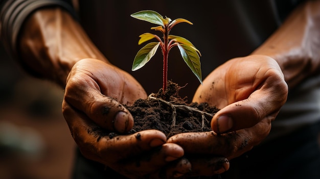 人の手が植物の土を示している