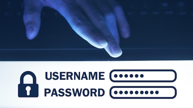 南京錠でユーザー名とパスワードを示す人間の手