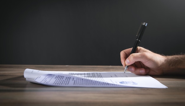 Human hand signing contract in office.