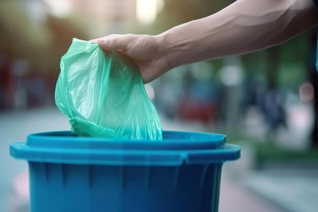 人間の手がプラスチック袋を街のゴミ箱に投げ込む