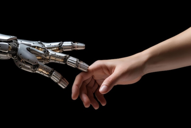 A human hand touches a robots arm