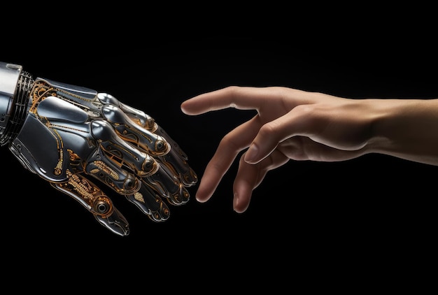 A human hand touches a robots arm