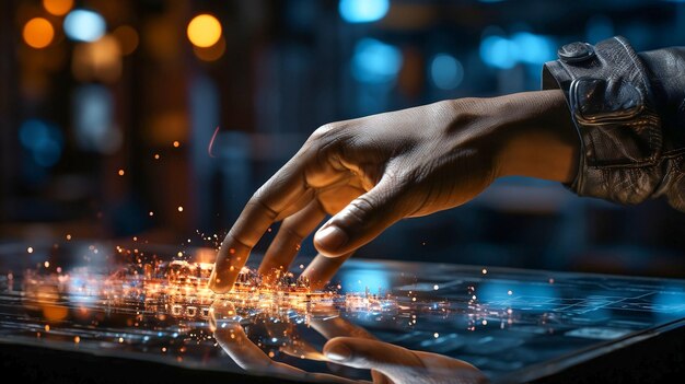 Human hand touching on screen of big data with futuristic background