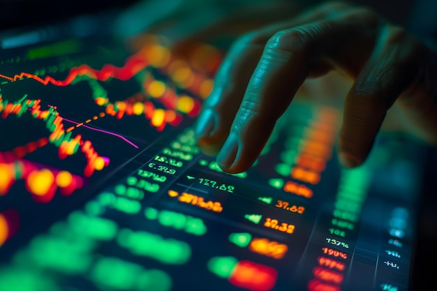 Human hand touching screen with graph and data