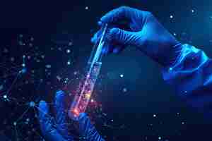 Photo a human hand with test tube in a technological backdrop a concept of digitalization generative ai