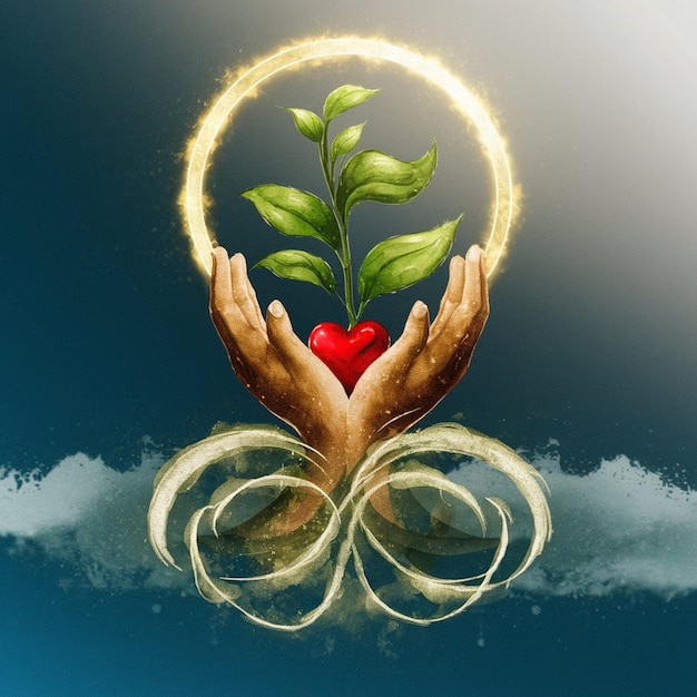 Human hand with tree plant and heart image background