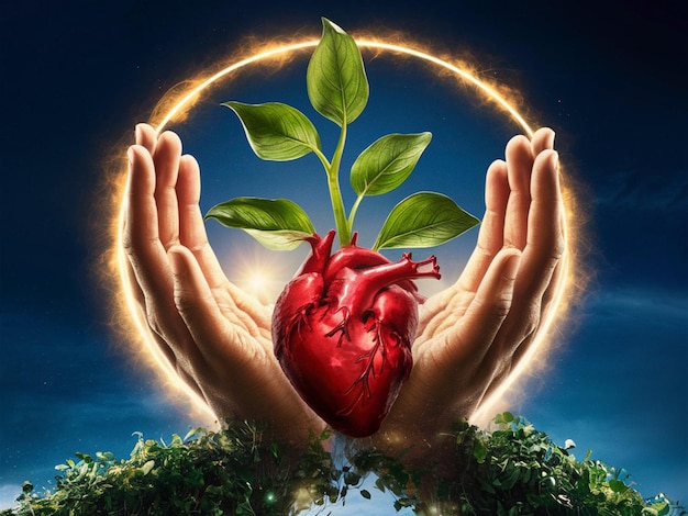 Human hand with tree plant and heart image background