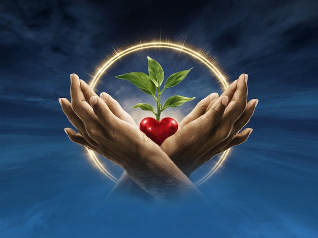 Human hand with tree plant and heart image background