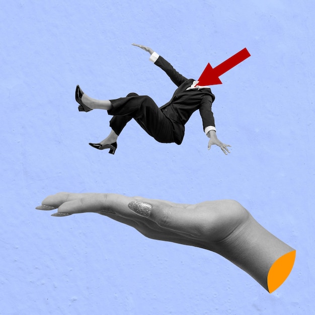 human hand withholds falling businesswomen with the head of a decreased arrow