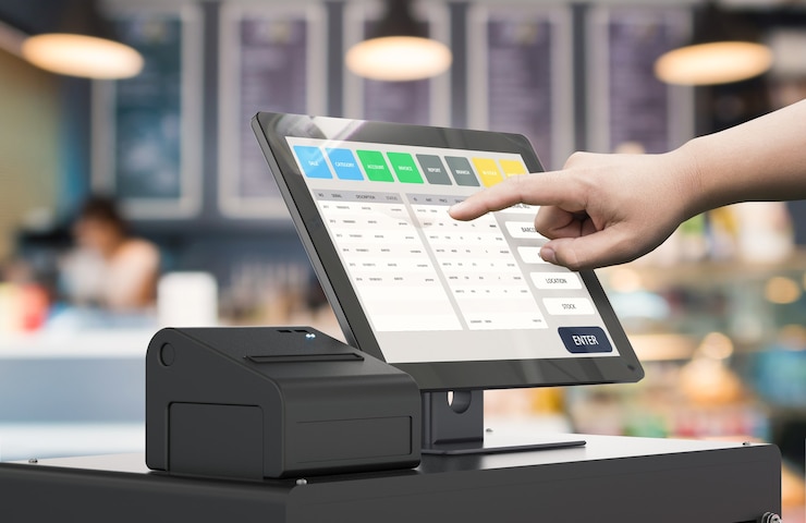 Photo human hand working with 3d rendering cashier machine