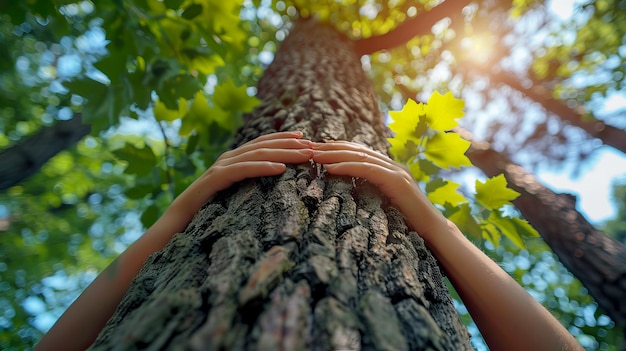 Foto mani umane che abbracciano un grande tronco di albero in una foresta lussureggiante per simboleggiare la conservazione dell'ambiente